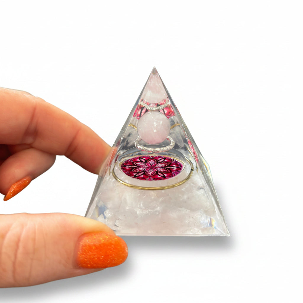 50mm Rose Quartz Chips with Rose Quartz Sphere Resin Pyramid