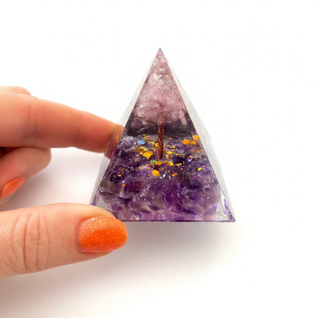 50mm Amethyst Chip with Rose Quartz Tree Resin Pyramid