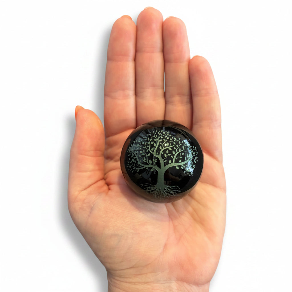 48mm Black Obsidian Green Tree of Life Sphere
