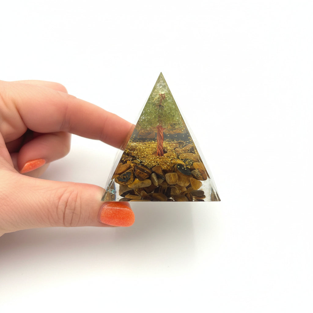 50mm Tiger Eye Chips with Peridot Tree Resin Pyramid