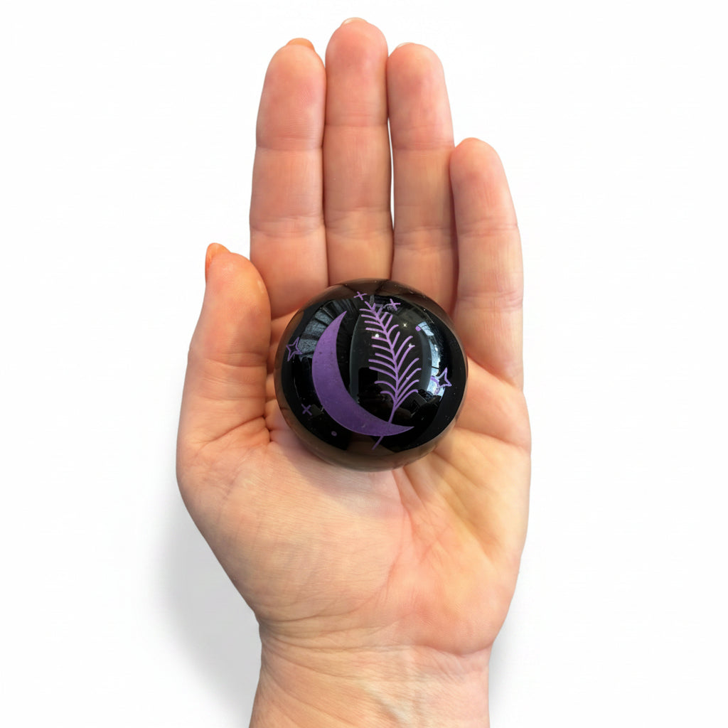 48mm Black Obsidian Purple Moon & Feather Sphere