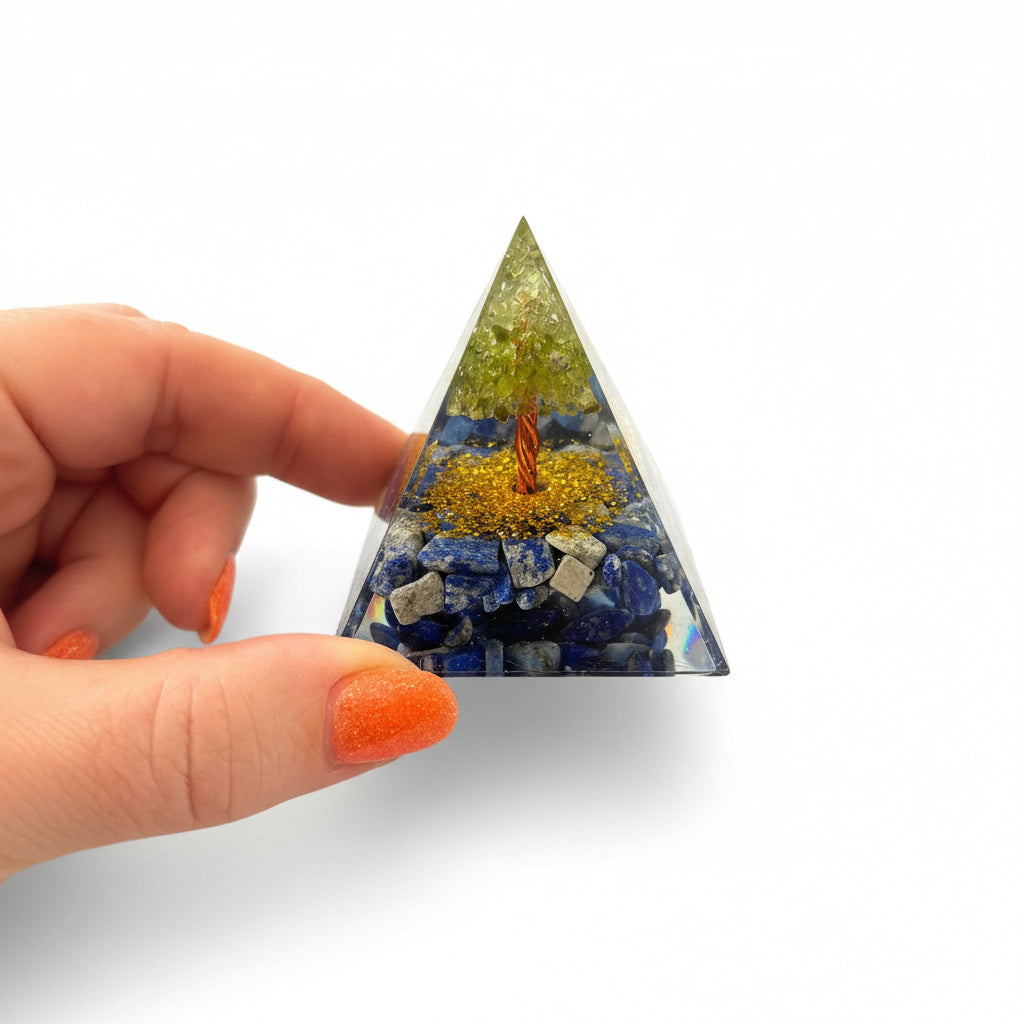 50mm Lapis Lazuli Chips with Peridot Tree Resin Pyramid