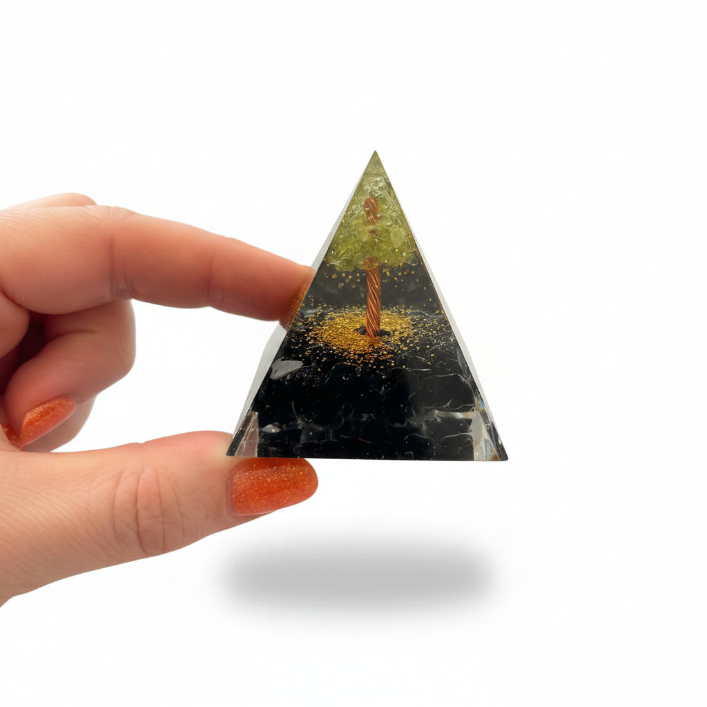 50mm Black Obsidian Chips with Peridot Tree Resin Pyramid