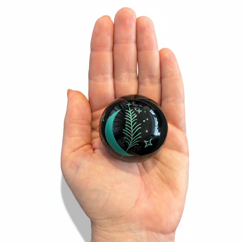48mm Black Obsidian Green Moon & Feather Sphere
