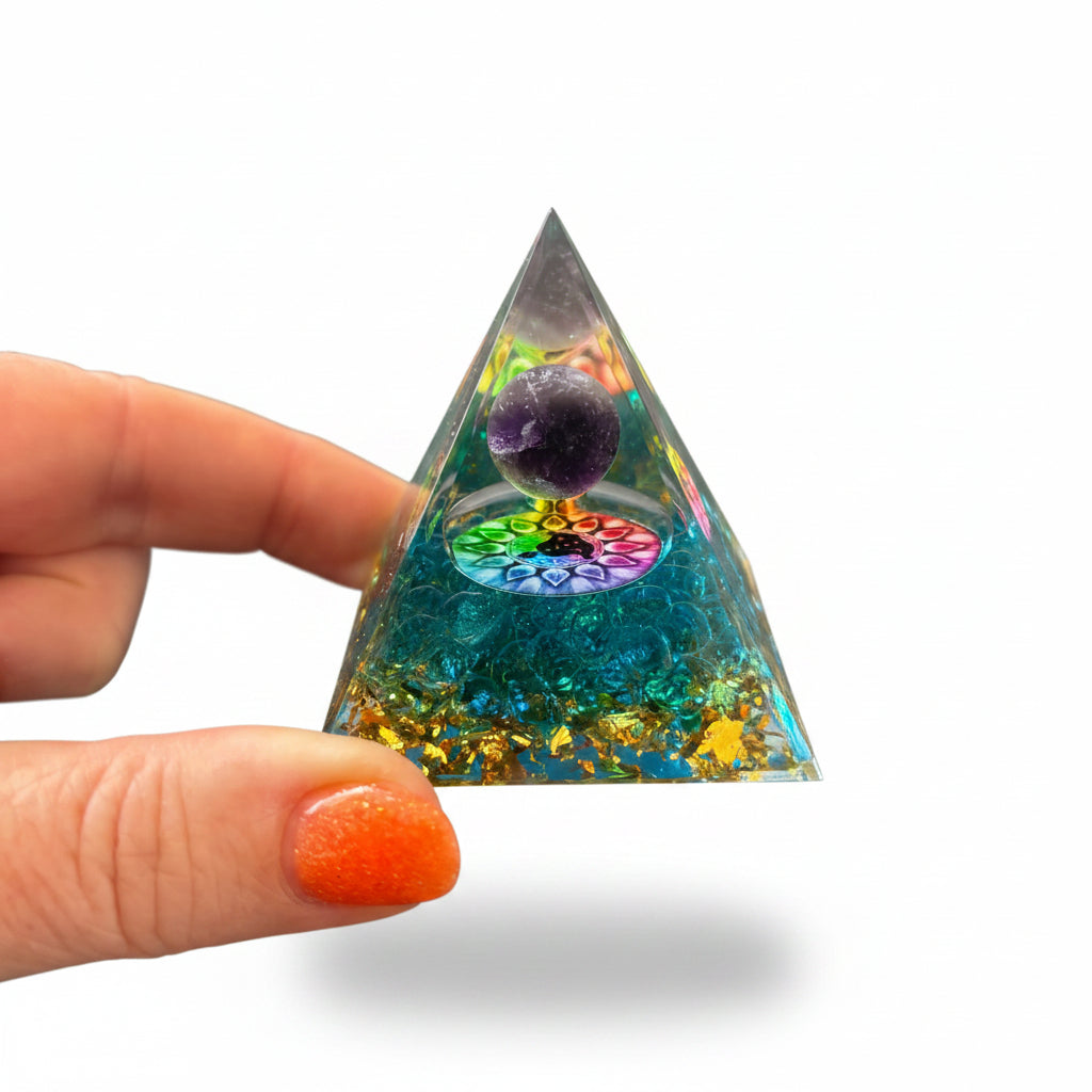50mm Blue Smelting Chips with Amethyst Sphere Resin Pyramid