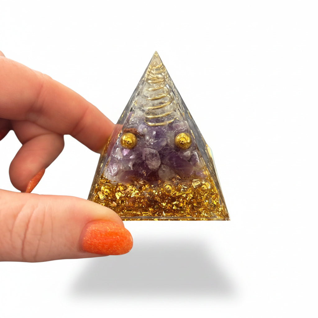 50mm Amethyst Chip with Gold Coil & Balls Resin Pyramid