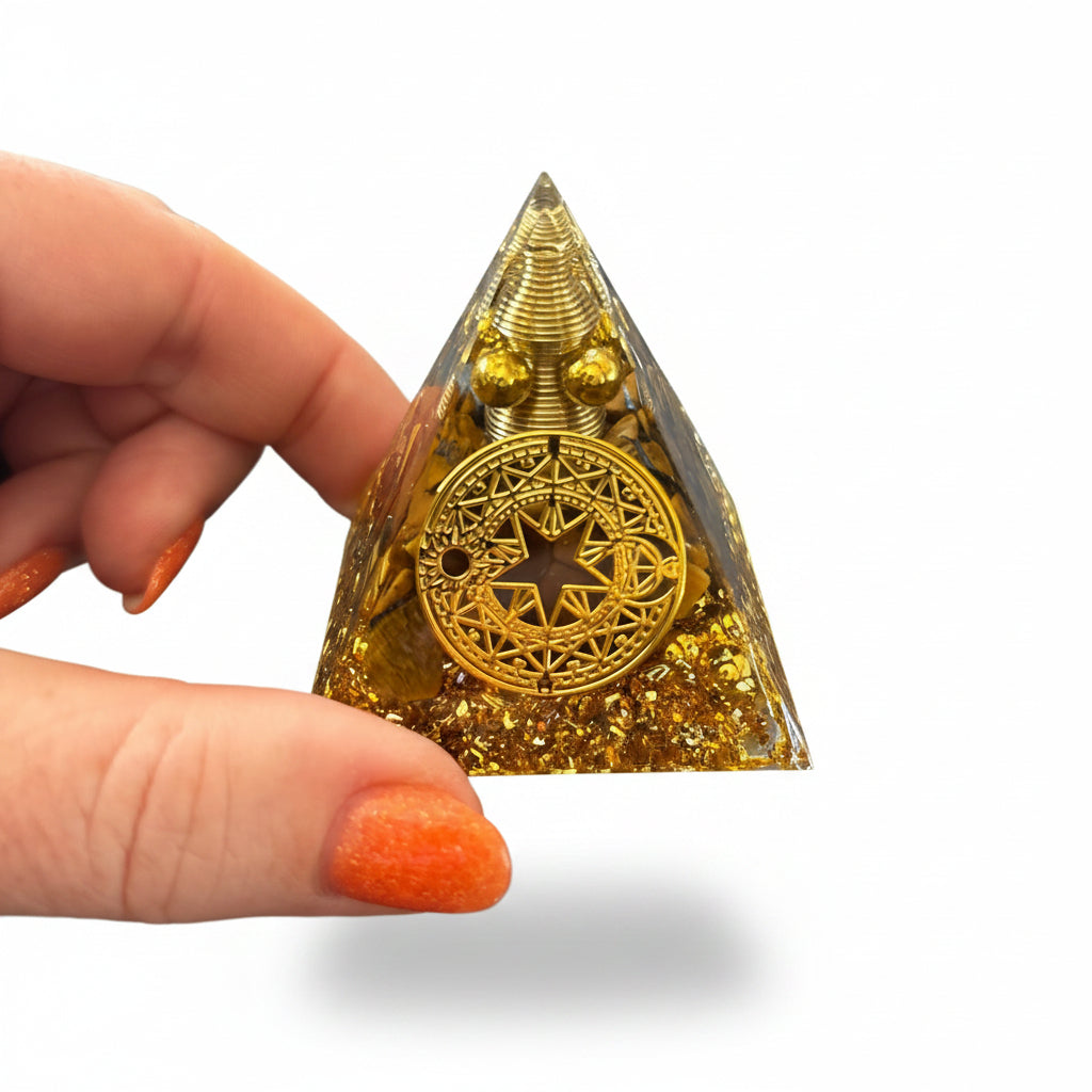 50mm Tiger Eye Chips with Gold Foil & Balls Resin Pyramid