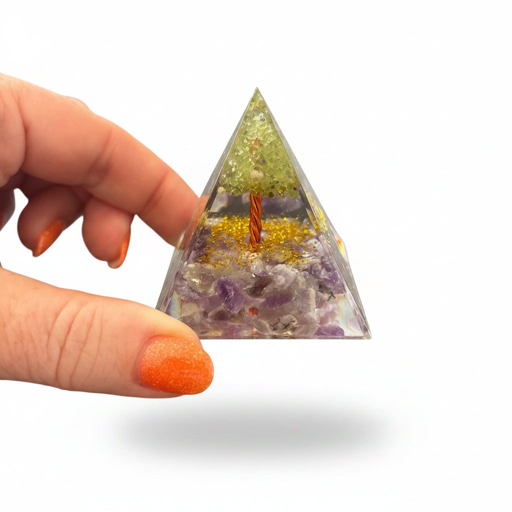 50mm Amethyst Chip with Peridot Tree Resin Pyramid