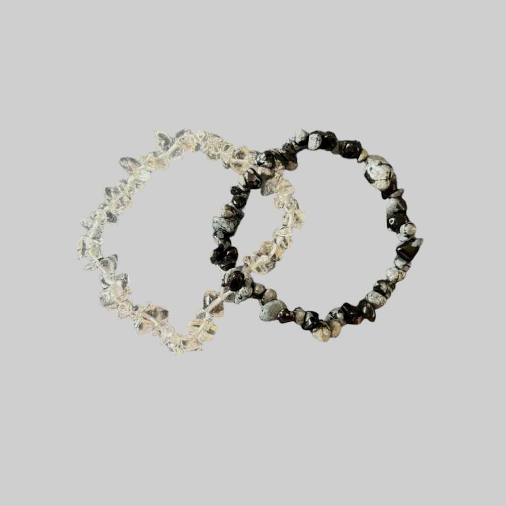 Snowflake Obsidian & Clear Quartz Chip Bracelet 2 pack