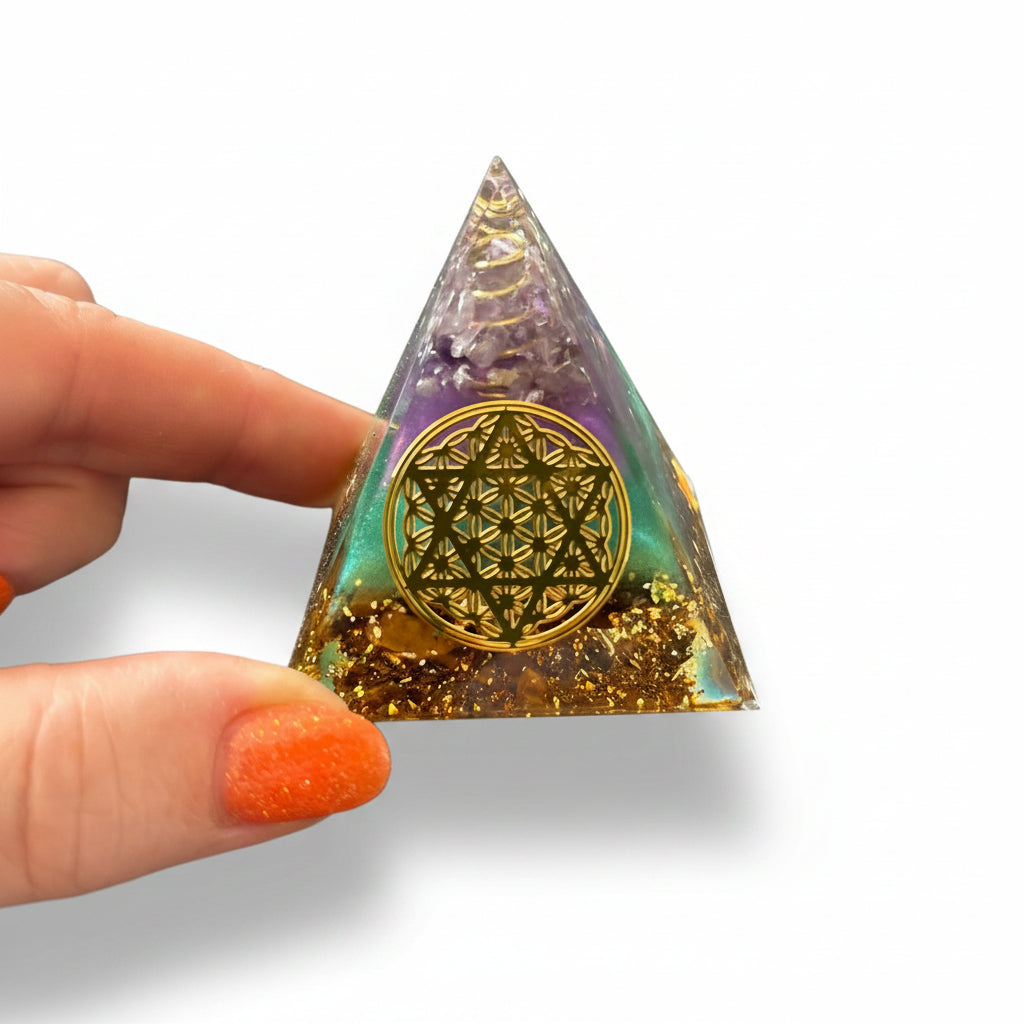 50mm Amethyst Chips with Gold Heart Chakra Resin Pyramid