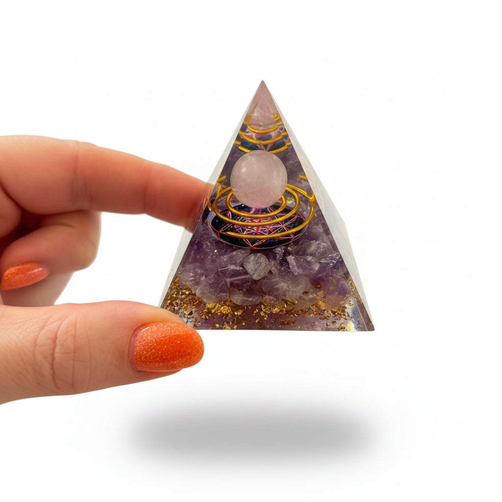 50mm Amethyst Chip with Rose Quartz sphere Resin Pyramid