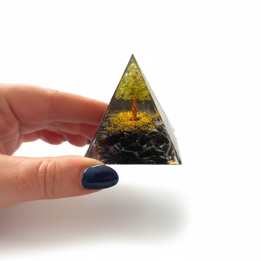 Black Obsidian chip Peridot tree Pyramid