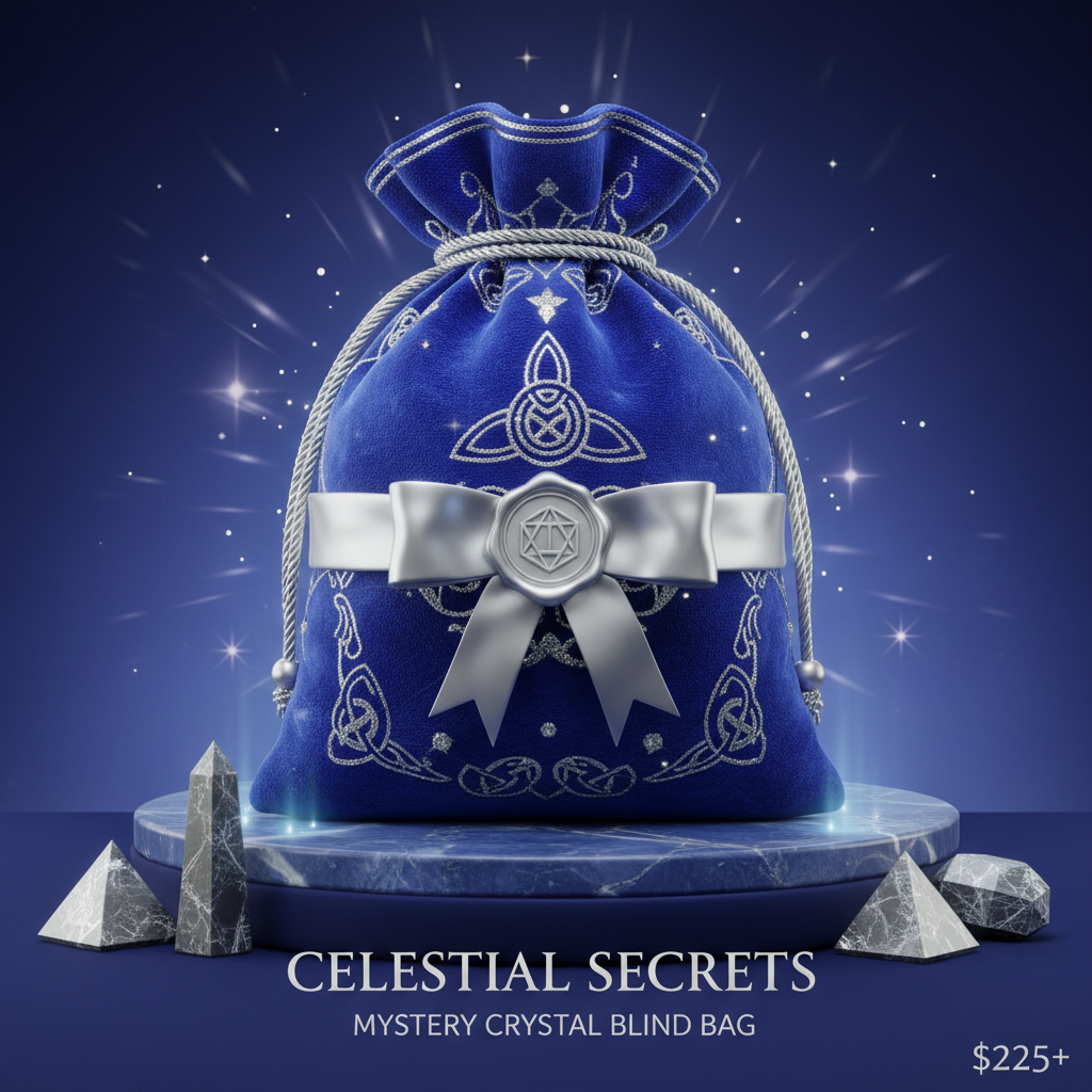 product image for a blind bag, worth over $200 of crystals. Limit 2 per person, make it look exciting but you can't tell what's inside. brand colours are #2f528f and silver