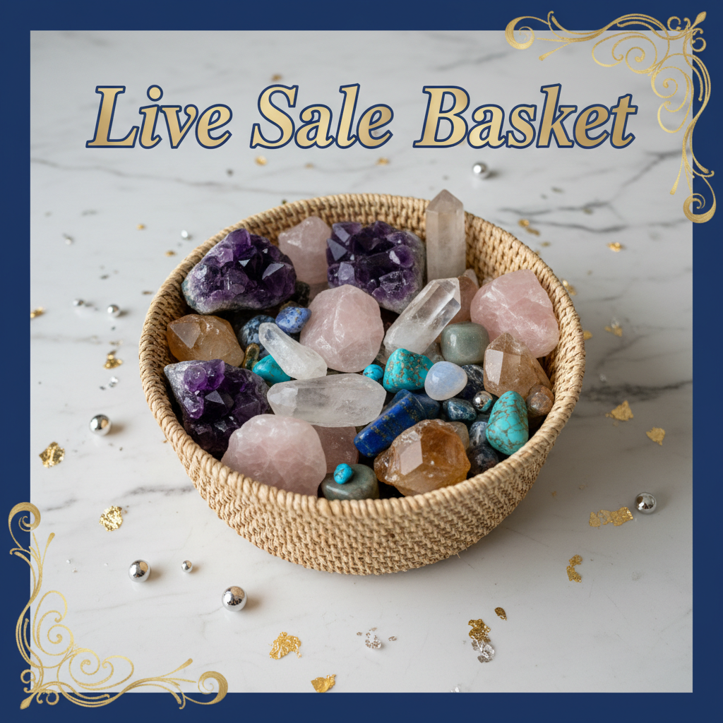 small basket of several crystals sitting on a bench top, view should be mostly downwards into the basket rather than side on. include the words "Live Sale Basket" in the image, use our brand colour #2f528f as well as gold or silver to make it feel special. Create as a square 1000x1000 image with a border in #2f528f