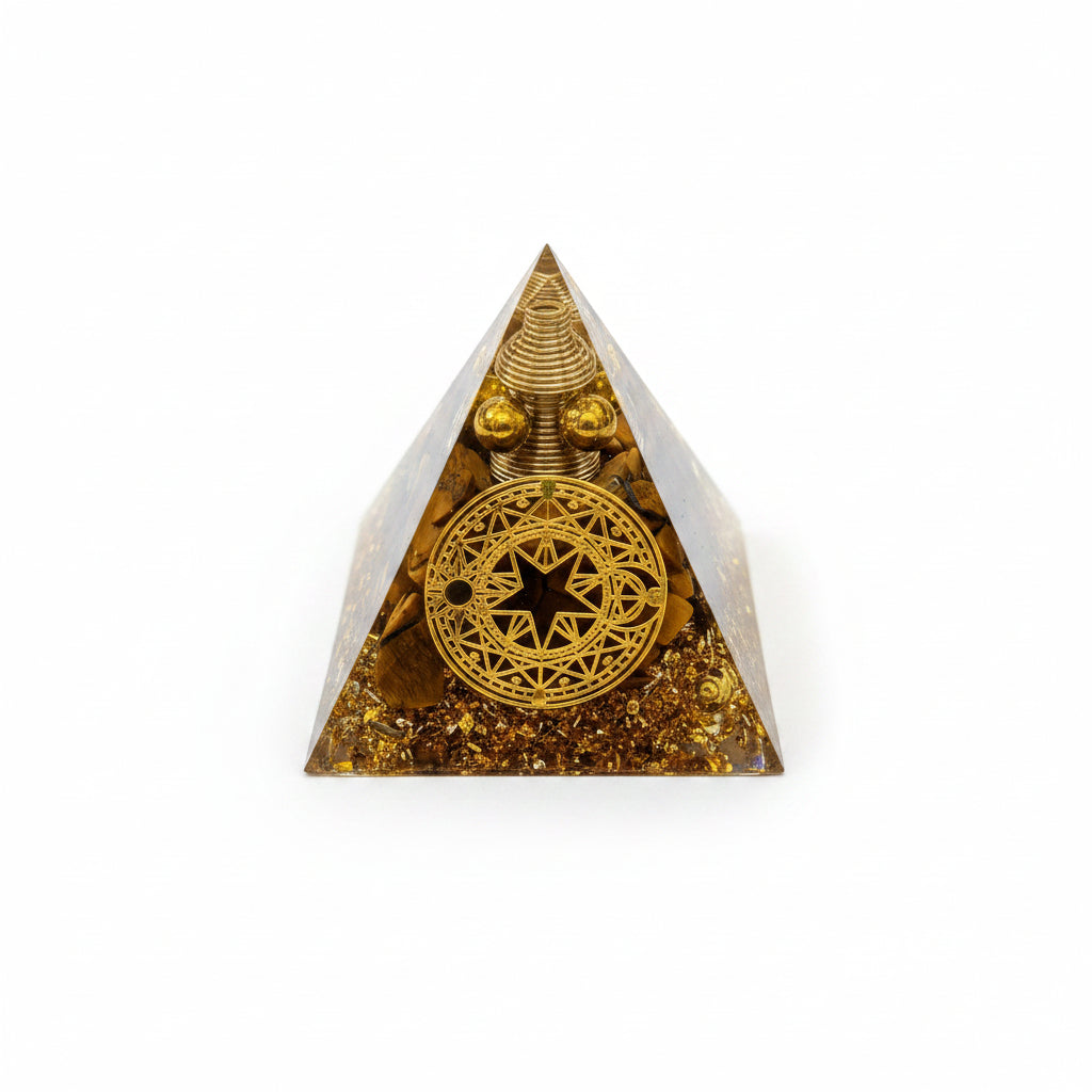 50mm Tiger Eye Chips with Gold Foil & Balls Resin Pyramid