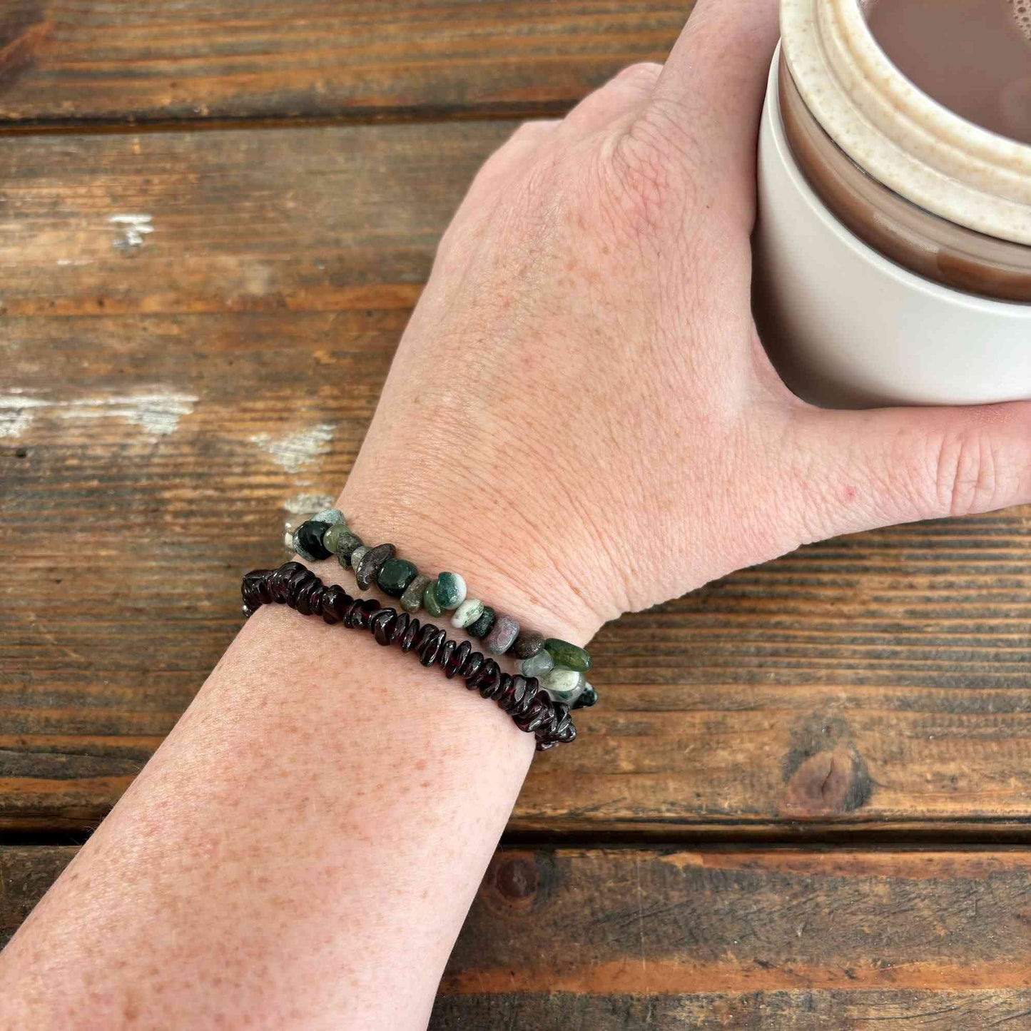 Bracelet Set of 2 Garnet & Moss Agate