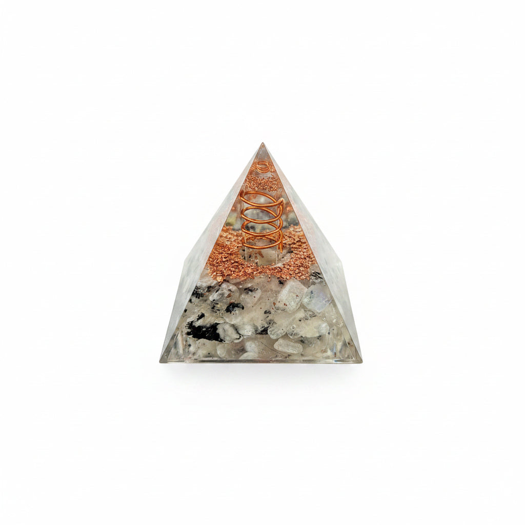 50mm Rainbow Moonstone with Clear Quartz DT Resin Pyramid