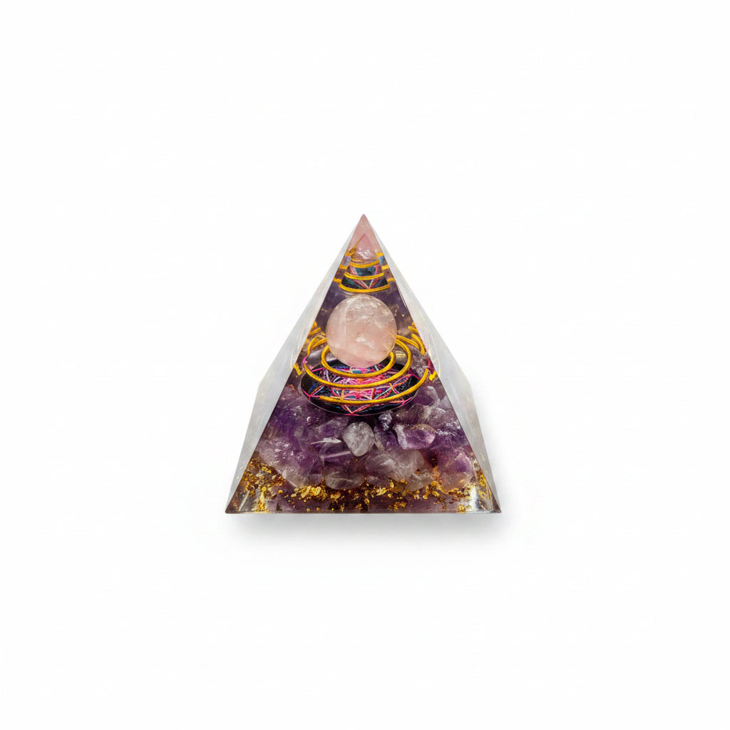 50mm Amethyst Chip with Rose Quartz sphere Resin Pyramid