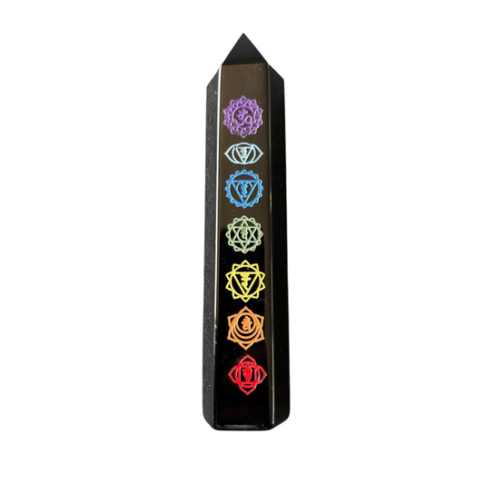 107mm Black Obsidian Chakra engraved Point