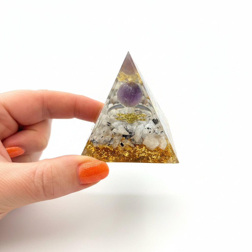 50mm Rainbow Moonstone chip/Amethyst Sphere Resin Pyramid