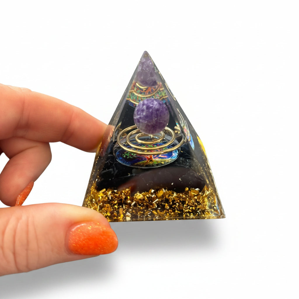 50mm Black Obsidian Chips with Amethyst Sphere Resin Pyramid