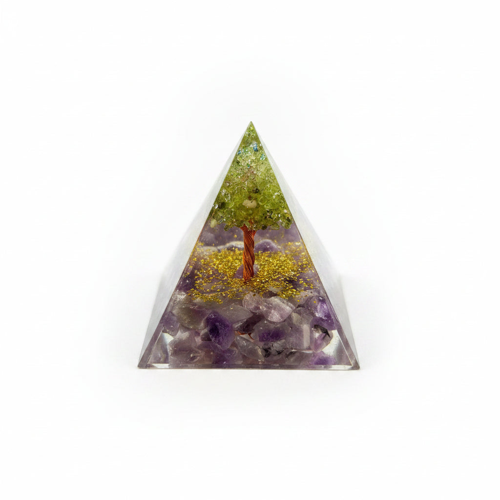 50mm Amethyst Chip with Peridot Tree Resin Pyramid