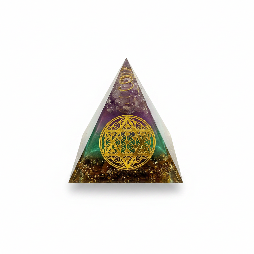 50mm Amethyst Chips with Gold Heart Chakra Resin Pyramid