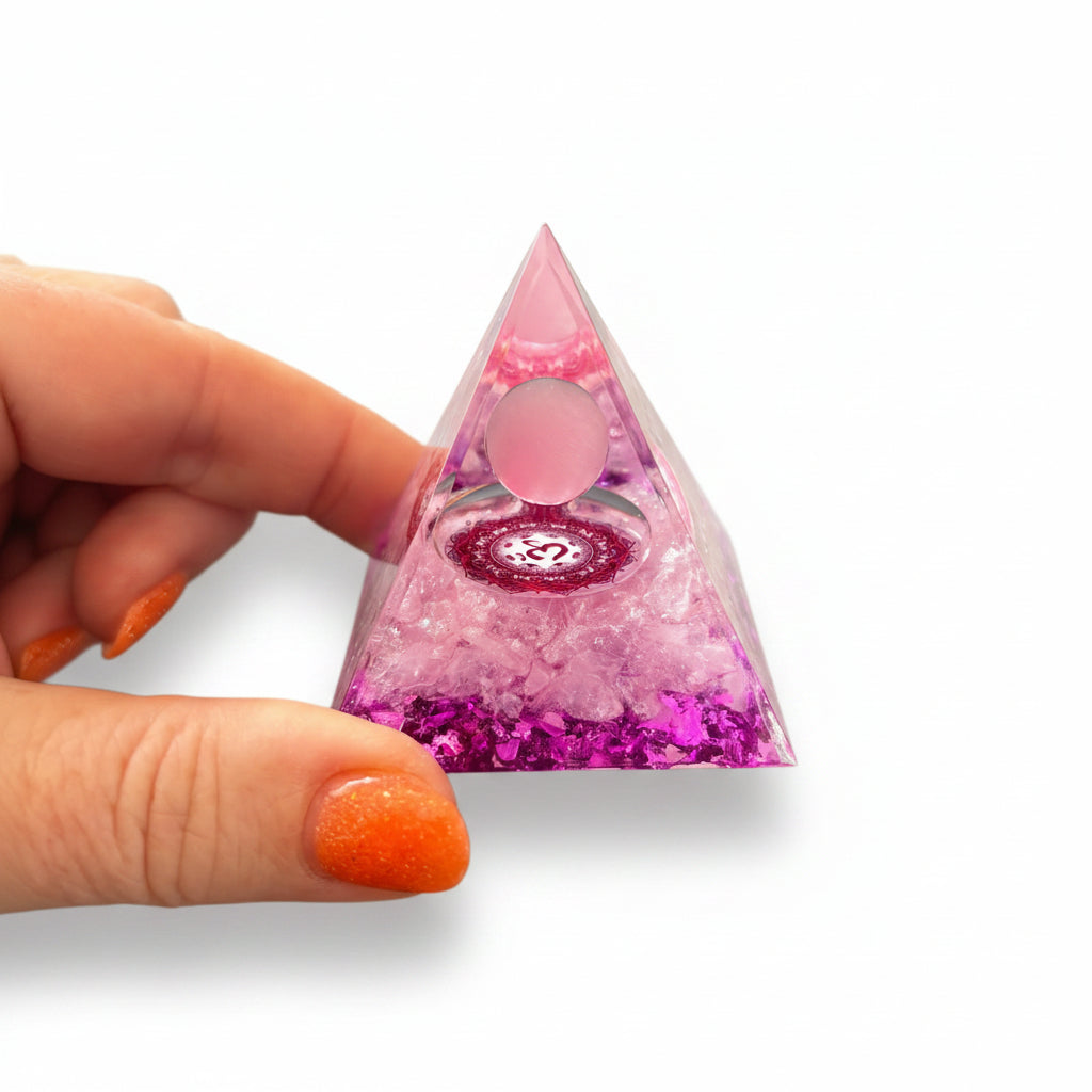 50mm Rose Quartz Chips with Rose Quartz Sphere Resin Pyramid