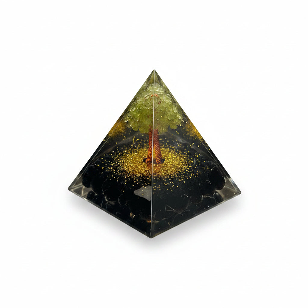 50mm Black Obsidian Chips with Peridot Tree Resin Pyramid