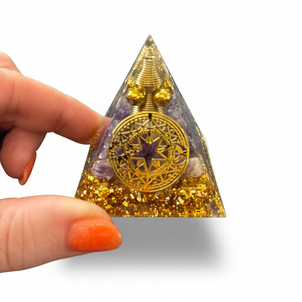 50mm Amethyst Chip With Gold Foil & Balls Resin Pyramid