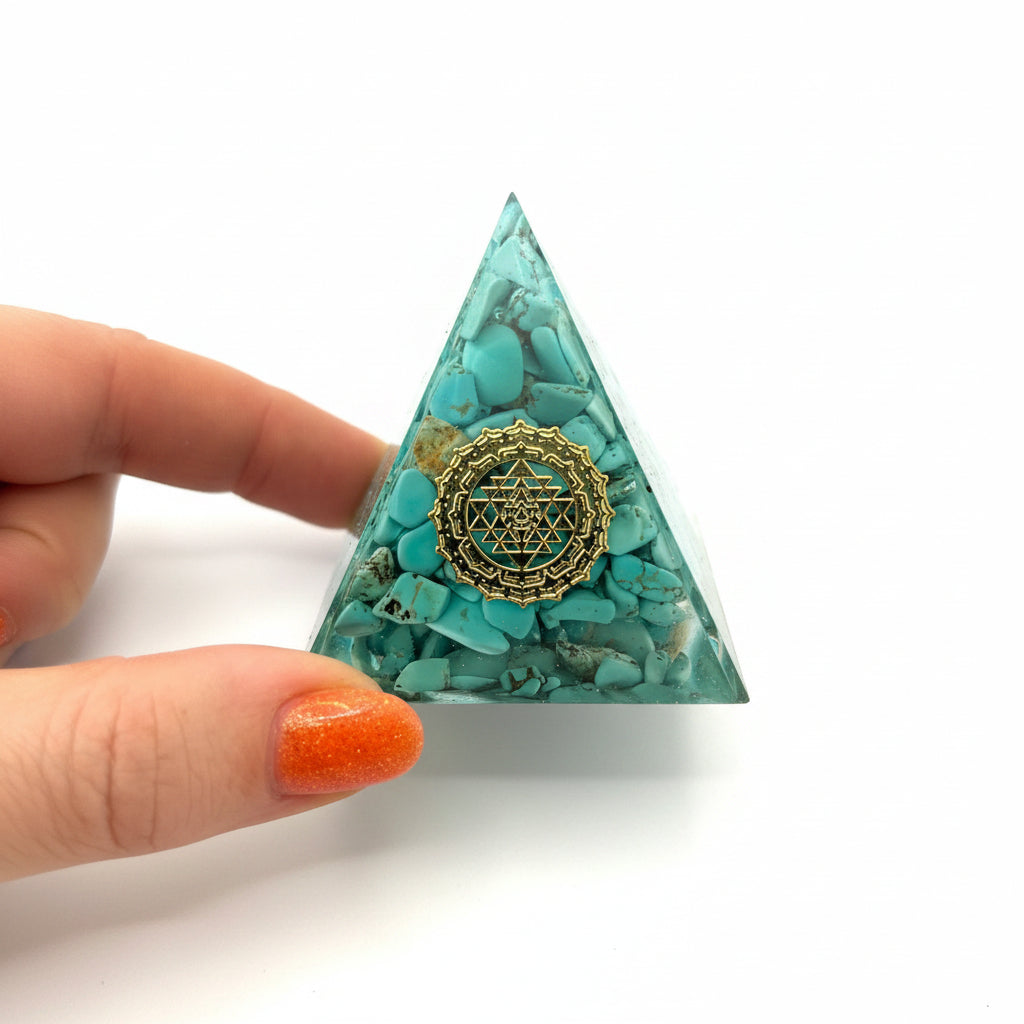 50mm Turquoise Chips with Gold Heart Chakra Resin Pyramid