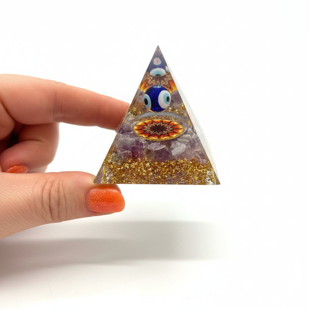 50mm Amethyst Chip with Evil Eye Resin Pyramid