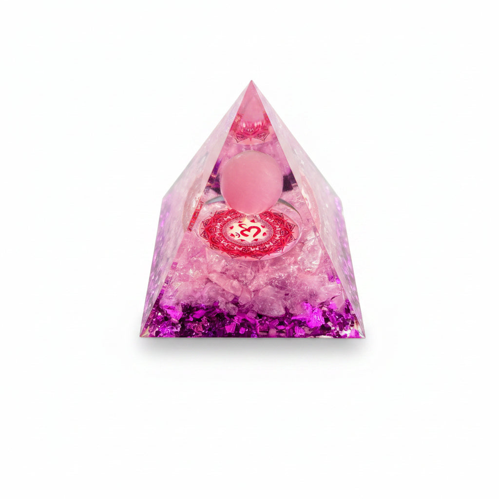 50mm Rose Quartz Chips with Rose Quartz Sphere Resin Pyramid