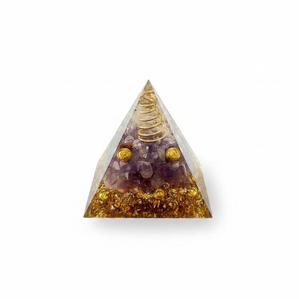50mm Amethyst Chip with Gold Coil & Balls Resin Pyramid