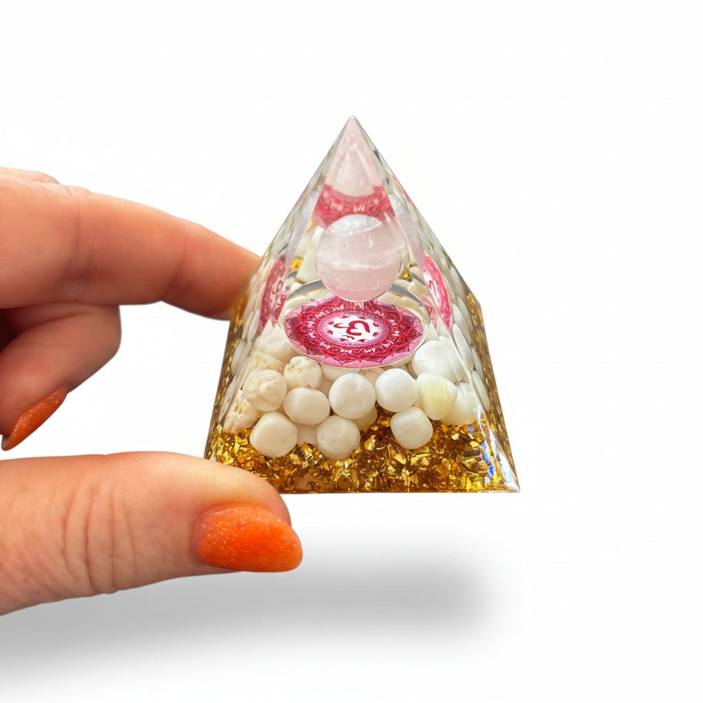 50mm Moonstone Chips with Rose Quartz Sphere Resin Pyramid