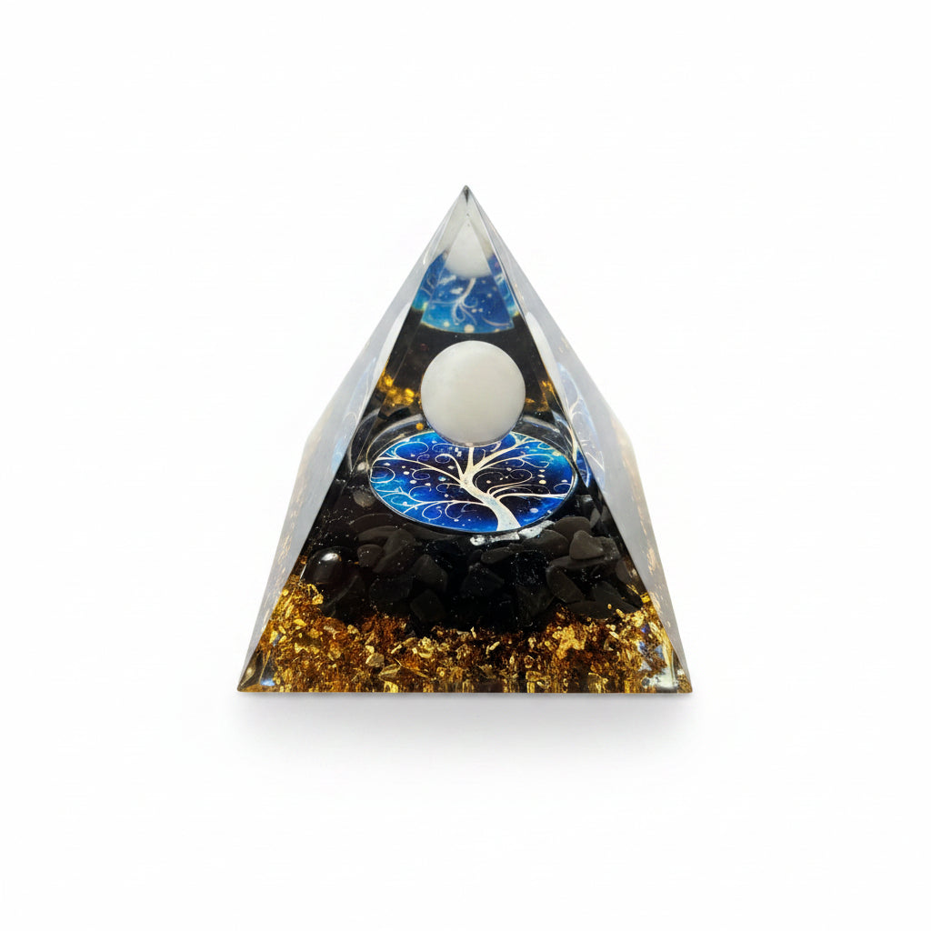 50mm Black obsidian Chip with Opalite Sphere Resin Pyramid