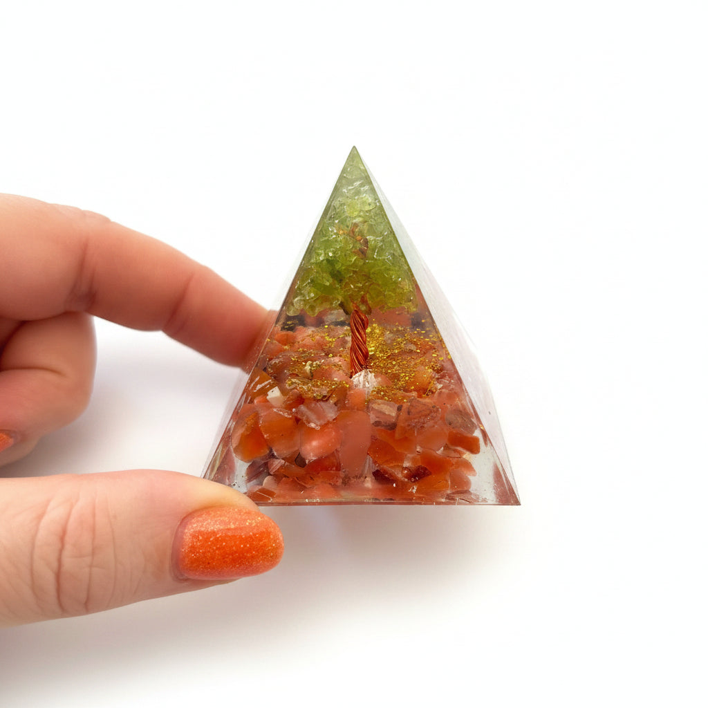 50mm Red Agate Chips with Peridot Tree Resin Pyramid