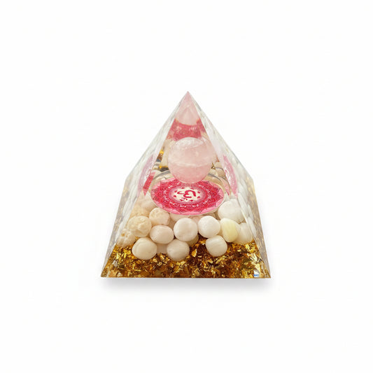 50mm Moonstone Chips with Rose Quartz Sphere Resin Pyramid