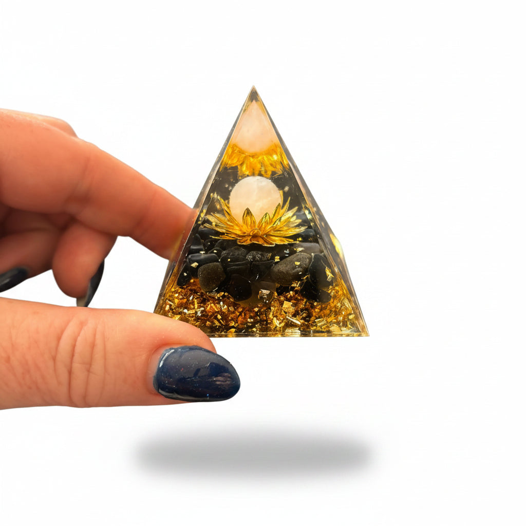 Black Obsidian chip Rose Quartz sphere Gold Flower Pyramid