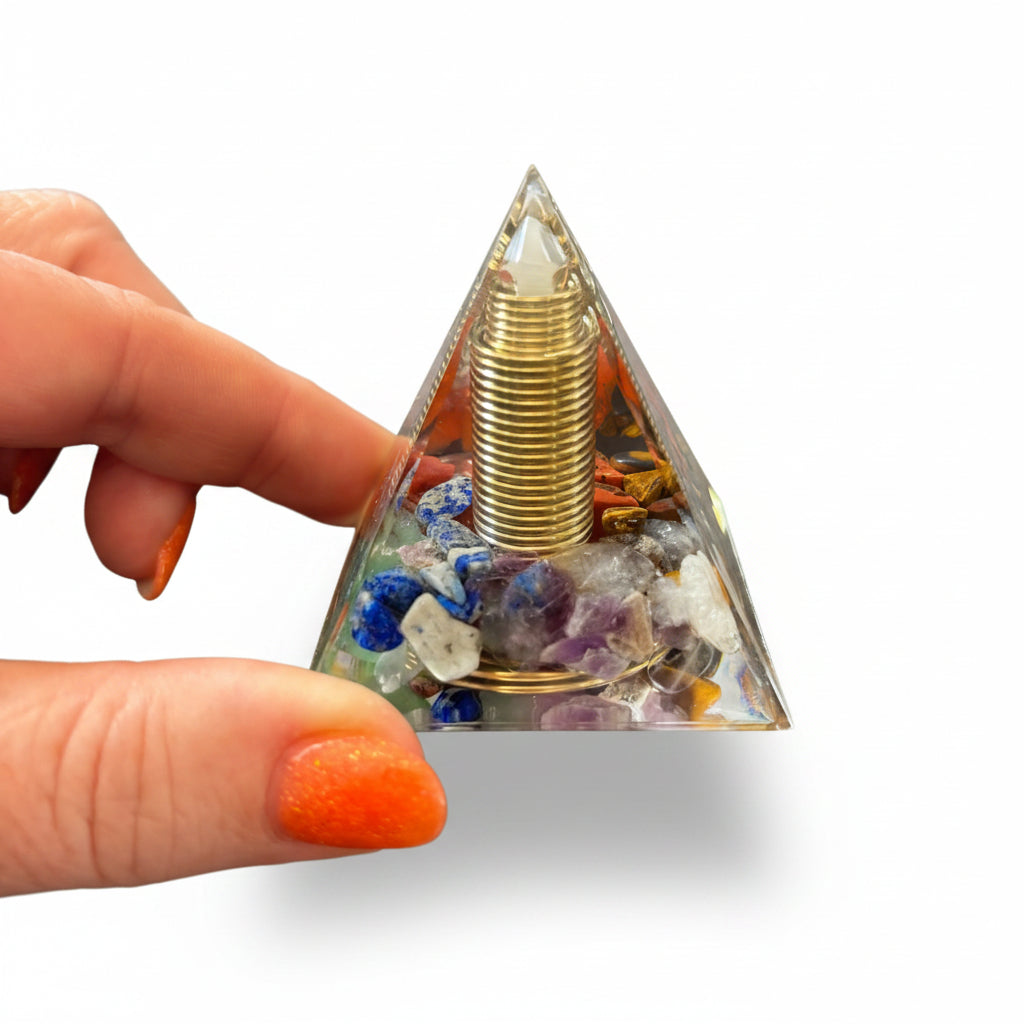 50mm Chakra Chips with Clear Quartz DT Resin Pyramid