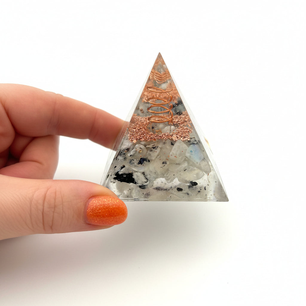 50mm Rainbow Moonstone with Clear Quartz DT Resin Pyramid