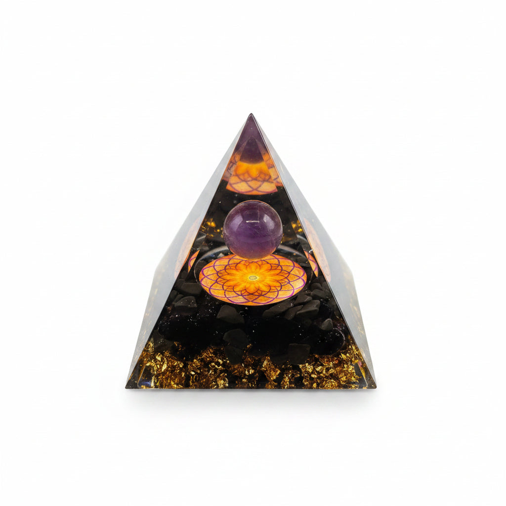50mm Black Obsidian Chip with Amethyst Sphere Resin Pyramid