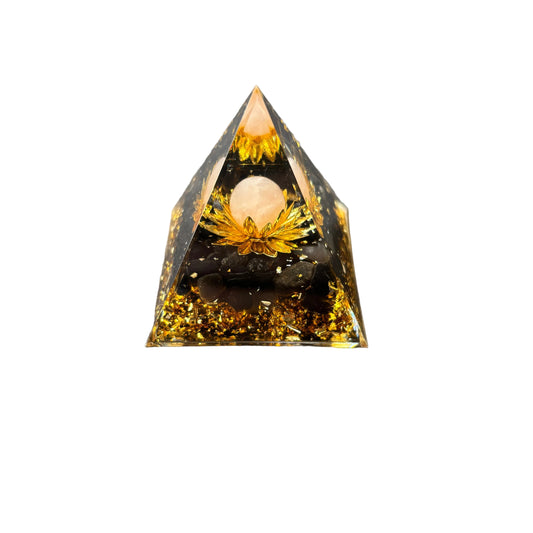 Black Obsidian chip Rose Quartz sphere Gold Flower Pyramid