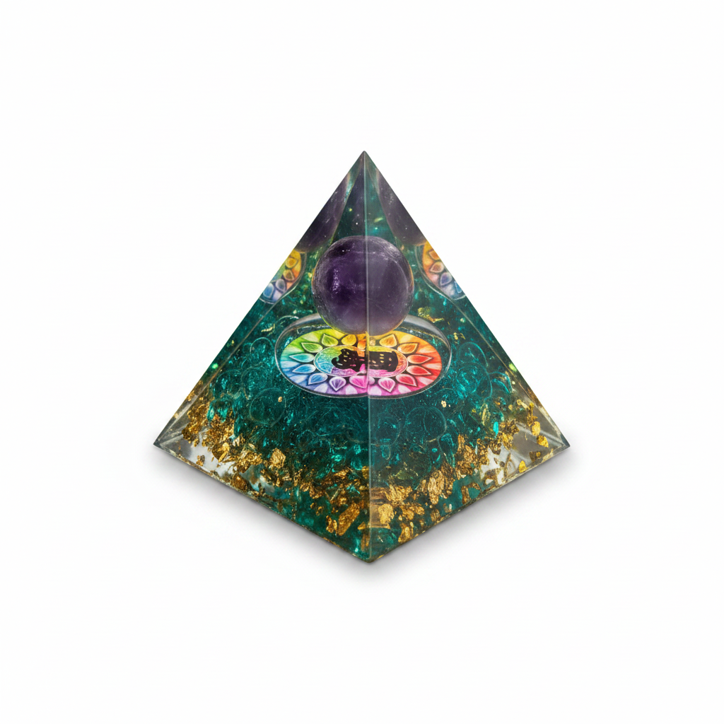 50mm Blue Smelting Chips with Amethyst Sphere Resin Pyramid