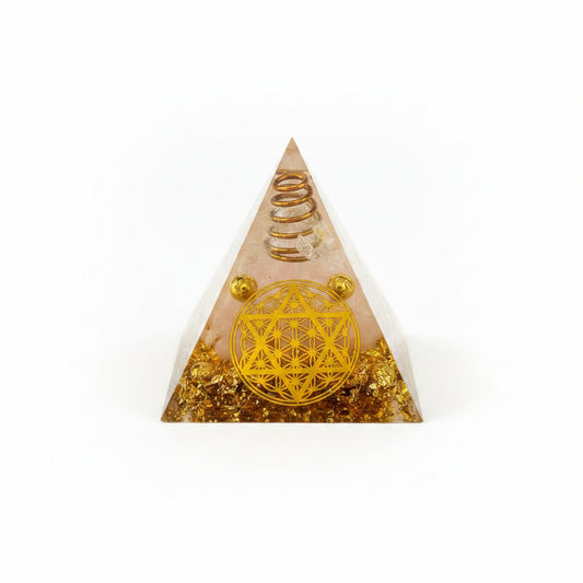 50mm Rose Quartz Chips with Gold Coil & Balls Resin Pyramid