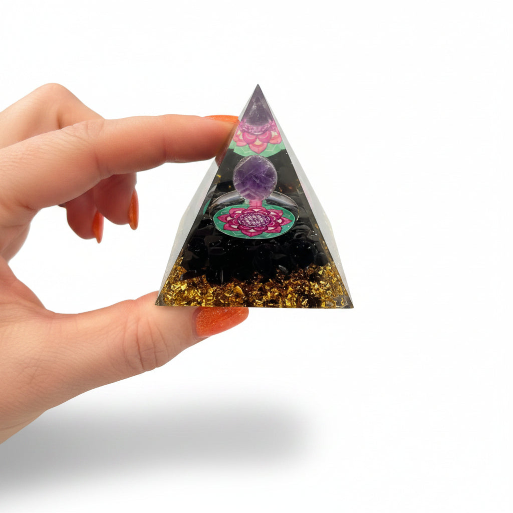 50mm Black Obsidian Chip with Amethyst Sphere Resin Pyramid