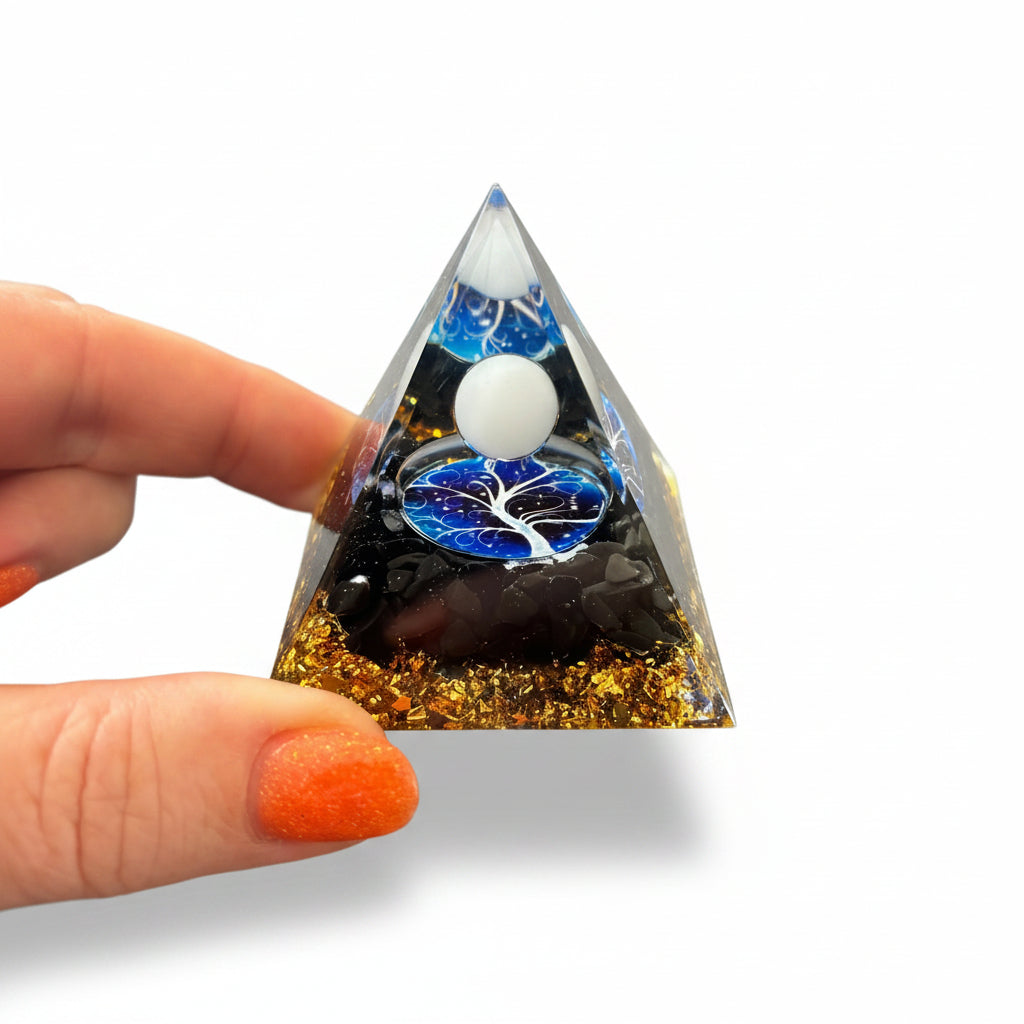 50mm Black obsidian Chip with Opalite Sphere Resin Pyramid