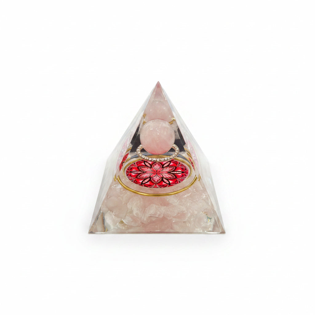 50mm Rose Quartz Chips with Rose Quartz Sphere Resin Pyramid