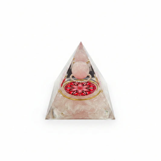 50mm Rose Quartz Chips with Rose Quartz Sphere Resin Pyramid