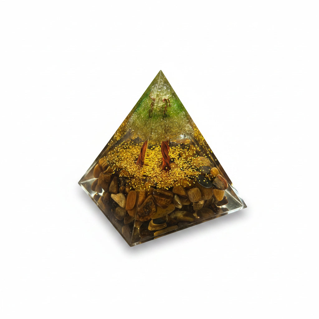50mm Tiger Eye Chips with Peridot Tree Resin Pyramid